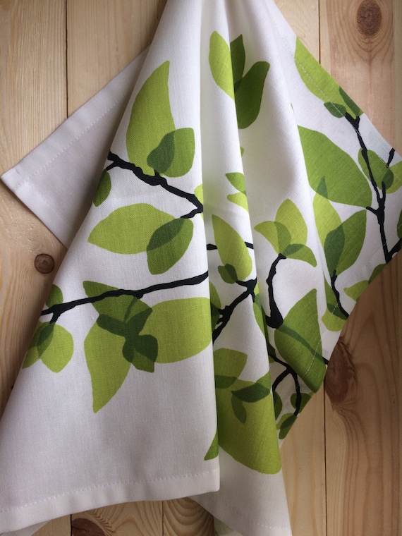 Green Spring Leaves Kitchen Towel Tea Towel Dish towel - Scandinavian Cotton fabric Green Leaves
