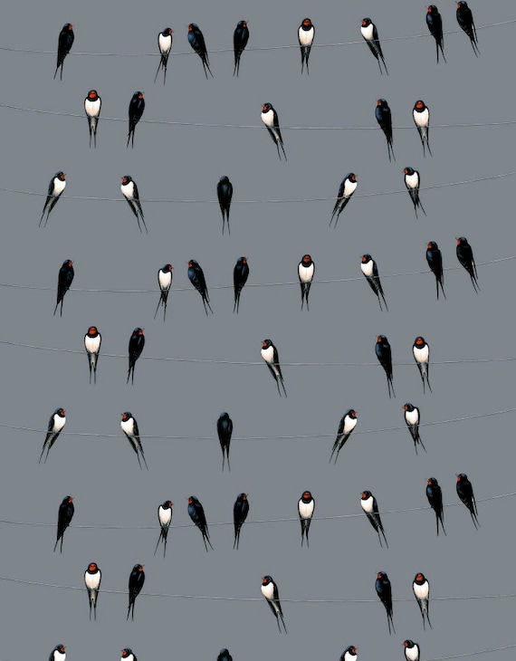 Cotton Curtain panel Decor Cafe Curtain panel Kitchen valance Birds Grey background