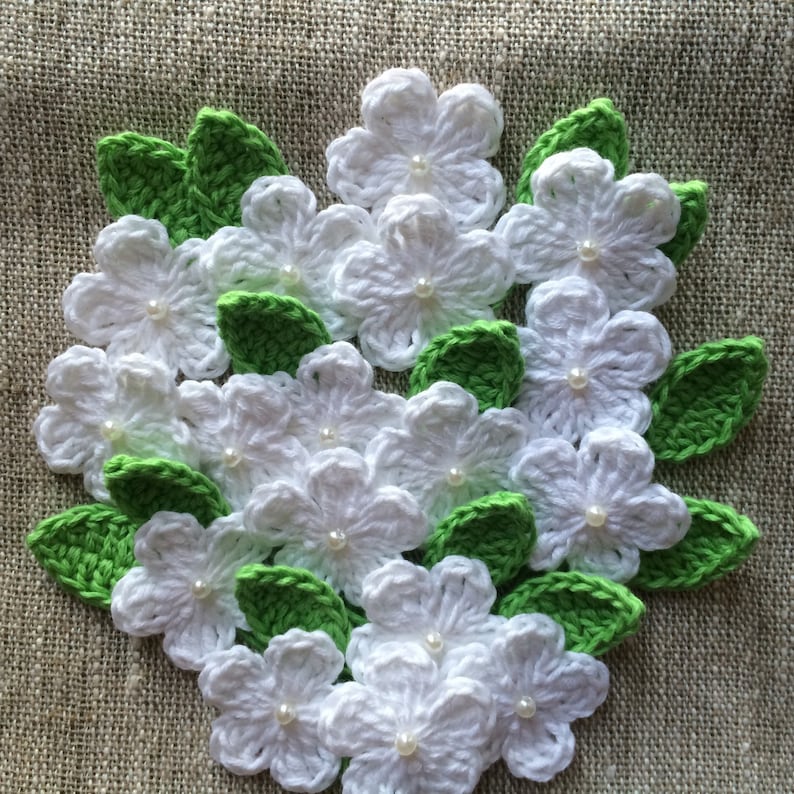 50 Crochet flowers and leaves White Soft Cotton Size 28mm 30mm image 1