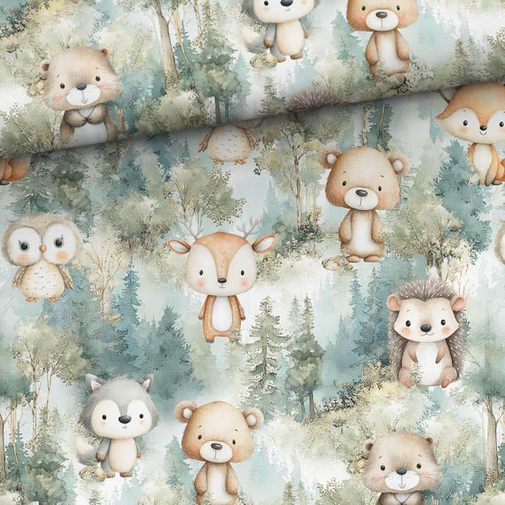 Friends of the Green Forest cotton fabric green for sewing, quilting, nursery decor, and DIY crafts.