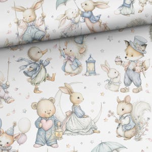 May include: A repeating pattern of whimsical watercolor illustrations featuring adorable animals in pastel clothing. Rabbits, foxes, ducks, and bears are depicted in various scenes, such as swinging, holding umbrellas, and carrying lanterns. The background is white with scattered stars.