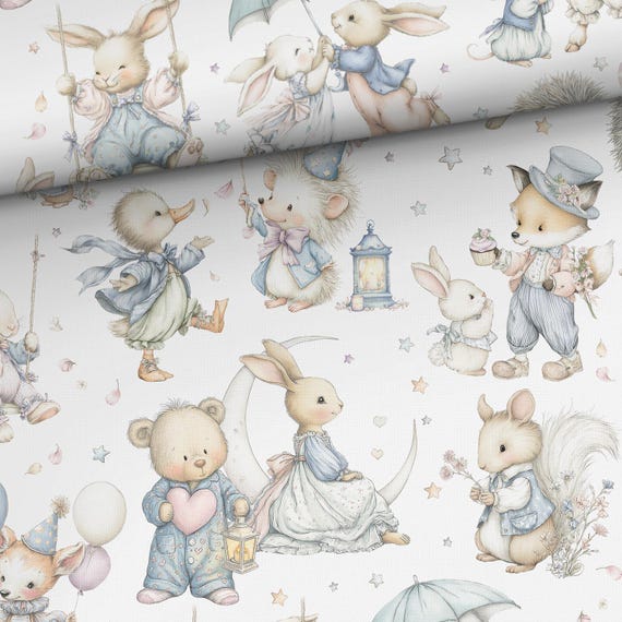 Dreamland Baby Animals Cotton Fabric, Baby Shower Quilting, 155cm Wide