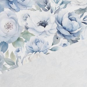 May include: A watercolor floral pattern featuring blue and white flowers with green leaves on a white background.