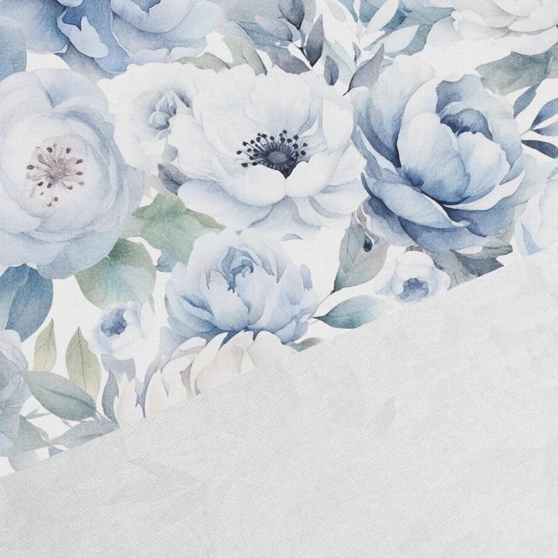 May include: A watercolor floral pattern featuring blue and white flowers with green leaves on a white background.