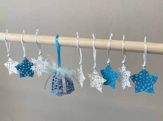 Crochet Christmas tree ornaments Snowflakes and bell, Set of 9,   Blue - White