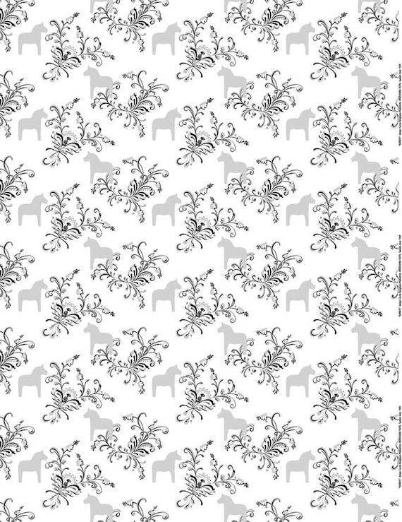Scandinavian Cotton fabric -Leksand - Silver Black Off-White - Retro  Dala Horse- 59 inches (150 cm) wide
