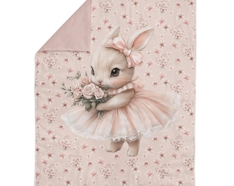 Fabric Panels Bunny Ballet in flowers Pink,  100% Cotton fabric