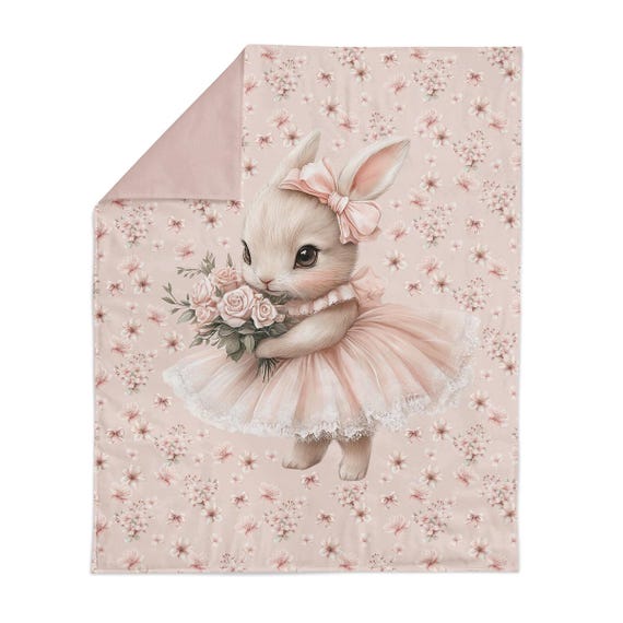 Fabric Panels Bunny Ballet in flowers Pink,  100% Cotton fabric