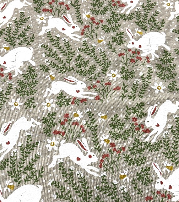 Linen Tablecloth White Easter Bunnies Round, Rectangle, Oval