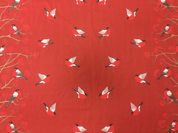 Scandinavian fabric Cotton fabric Almedahls Birds Bullfinches Red Birds fabric