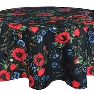 Tablecloth Table Linen Popies & Plants Blue Cornflower  - 100% Cotton - Round Oval Rectangle