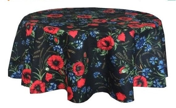 Tablecloth Table Linen Popies & Plants Blue Cornflower  - 100% Cotton - Round Oval Rectangle
