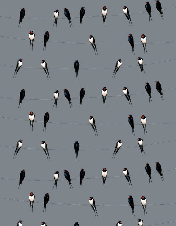 Tablecloth Table runner Table linens - Scandinavian cotton fabric - Birds - Gray background - Round  Rectangle