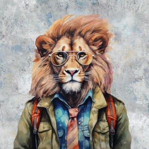 May include: Watercolor painting of a lion wearing glasses, a blue button-down shirt, a striped tie, and a green jacket. The lion has a backpack and is set against a textured gray background. The artwork has a whimsical, anthropomorphic theme.