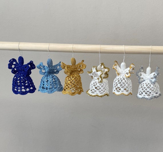 Crochet Christmas Angel Christmas tree ornament Decor White Gold Blue