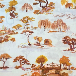 Cotton sateen fabric Landscape Garden Floral Orange/Rust/Yellow 90cm x 150cm Remnant