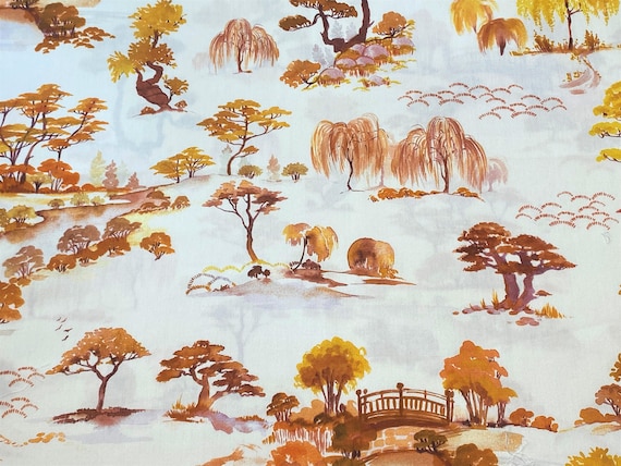 Cotton sateen fabric Landscape Garden Floral Orange/Rust/Yellow 90cm x 150cm Remnant