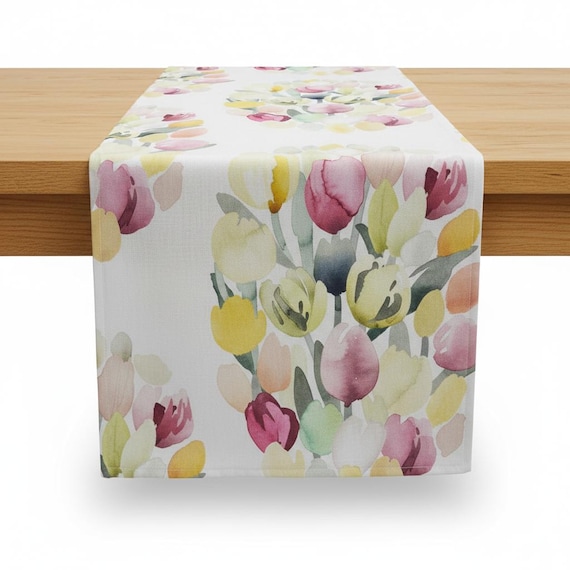 Cotton table runner Tulips, Watercolor flowers