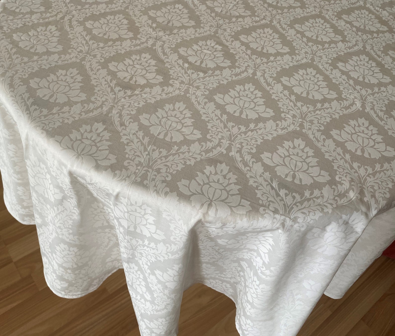 Tablecloth White Damask Print Floral White Sateen Round Square Etsy