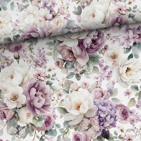 Floral Cotton Jersey Knit Fabric, French Terry cloth Loop Knit Mauve Peonies