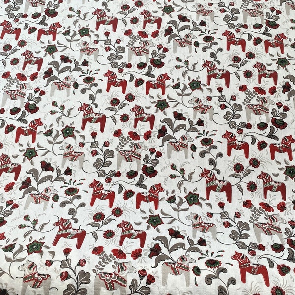 Scandinavian Cotton fabric Kurbits MINI Grey/Red Retro  Swedish Dala Horse fabric