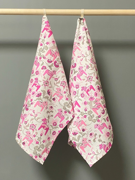 Kitchen Towel Tea Towel  Dish Towel - Pink Dala Horse towel Swedish horse Scandinavian fabric 1pc 48 x 70cm / 18” x 27''