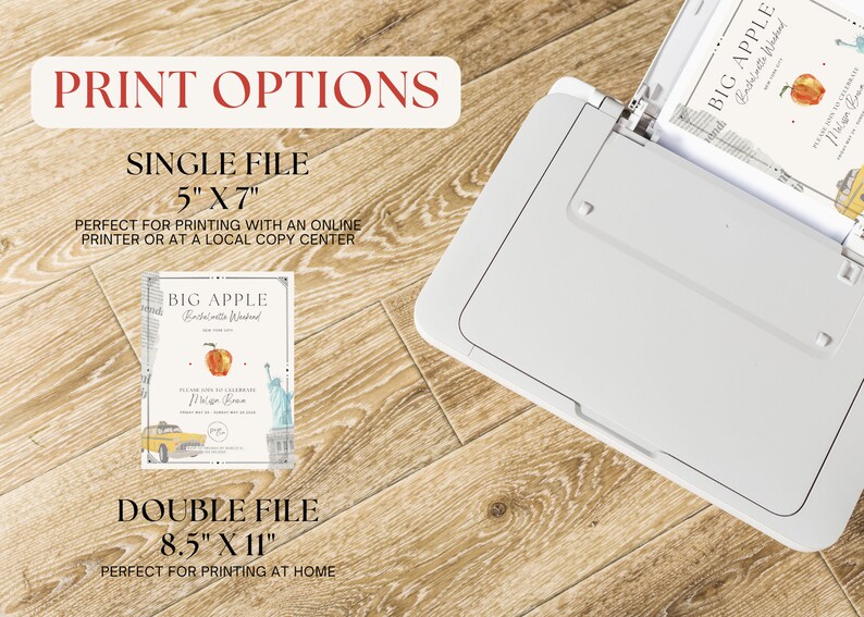 May include: A white printer with a paper tray open, showing a printed invitation with a red apple and the text "BIG APPLE" and "Bridal Shower". The invitation is for a 5x7 inch print or an 8.5x11 inch print.
