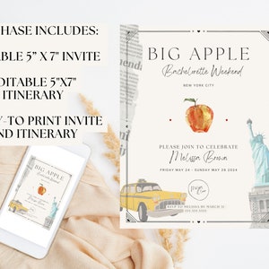 May include: Printable invitation and itinerary for a bachelorette weekend in New York City. The invitation features a watercolor illustration of a red apple, a yellow taxi cab, and the Statue of Liberty. The text reads "Big Apple Bachelorette Weekend, New York City".
