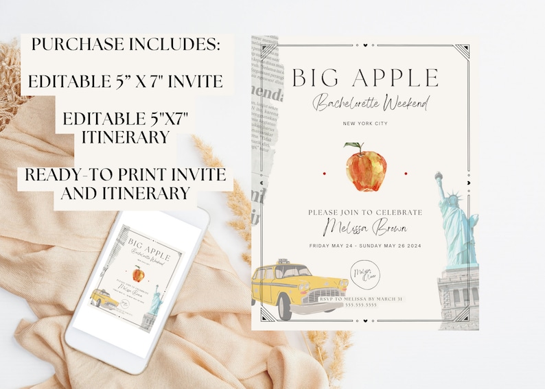 May include: Printable invitation and itinerary for a bachelorette weekend in New York City. The invitation features a watercolor illustration of a red apple, a yellow taxi cab, and the Statue of Liberty. The text reads "Big Apple Bachelorette Weekend, New York City".