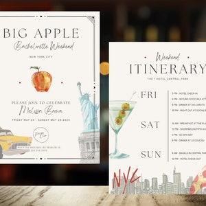 May include: A white invitation with a red apple and the Statue of Liberty. The text reads "Big Apple Bachelorette Weekend, New York City. Please join to celebrate Melissa Brown. Friday May 24 - Sunday May 26, 2024". A separate white card with a martini glass and the text "Weekend Itinerary, The 1 Hotel Central Park" and a list of activities for Friday, Saturday, and Sunday.