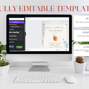 May include: A computer screen displaying a digital template for a bachelorette party invitation. The template features a watercolor illustration of the Statue of Liberty and an apple with the text "Big Apple Bachelorette Weekend" and "Please join us to celebrate [Name]" in a gold frame.