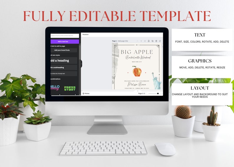 May include: A computer screen displaying a digital template for a bachelorette party invitation. The template features a watercolor illustration of the Statue of Liberty and an apple with the text "Big Apple Bachelorette Weekend" and "Please join us to celebrate [Name]" in a gold frame.