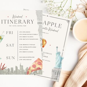 May include: A printable itinerary for a weekend trip to New York City. The itinerary includes activities like cocktails, dinner, shopping, and spa day. The design features a martini glass, pizza slice, and the Statue of Liberty.