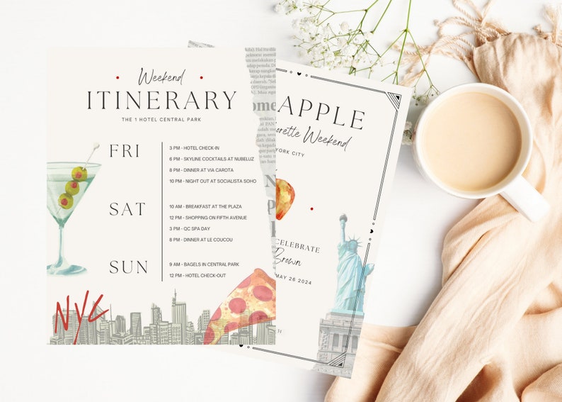 May include: A printable itinerary for a weekend trip to New York City. The itinerary includes activities like cocktails, dinner, shopping, and spa day. The design features a martini glass, pizza slice, and the Statue of Liberty.