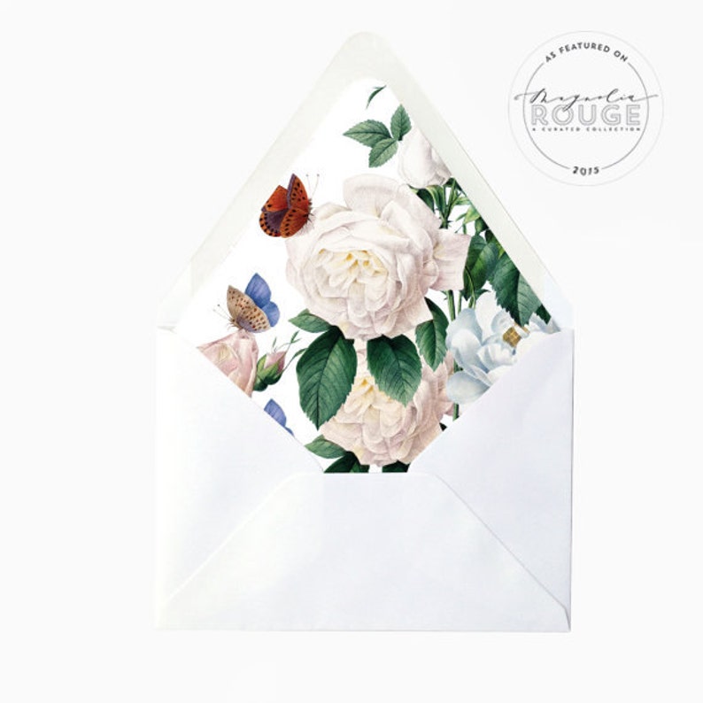 White Blush Butterfly Floral Flower Leaves Envelope Liners DIY Printable Garden Wedding Invitations