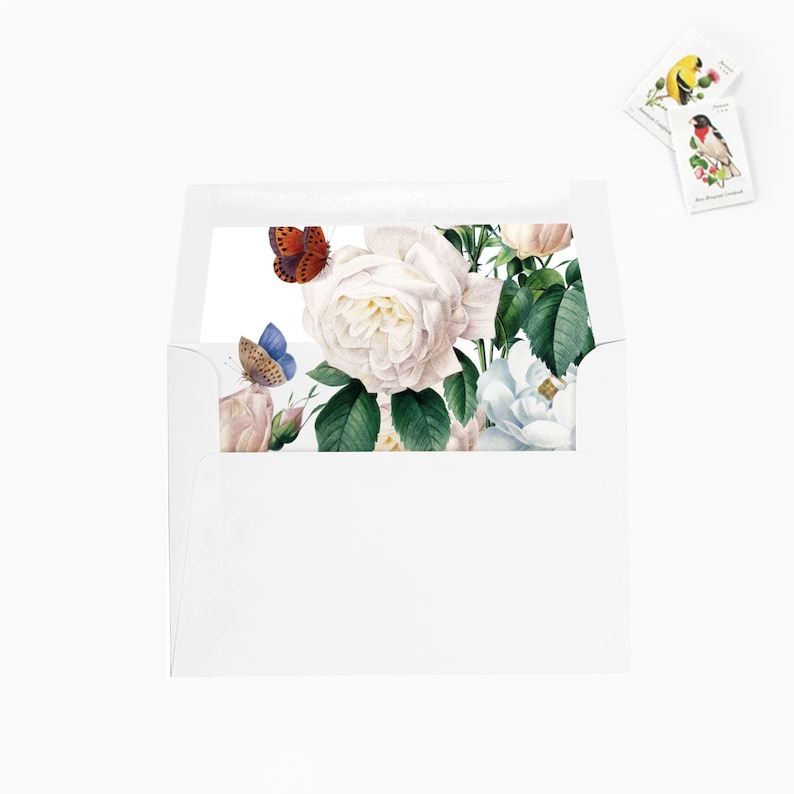 White Blush Butterfly Floral Flower Leaves Envelope Liners DIY Printable Garden Wedding Invitations