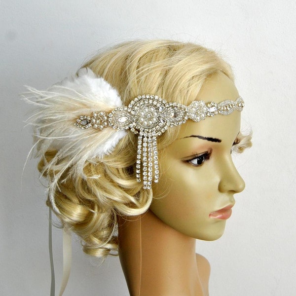 Der große Gatsby 20er Jahre Elfenbein Strass Perlen Flapper Stirnband 1920er Jahre Flapper Headpiece Fascinator, Braut Stirnband, Crystal Ribbon Stirnband