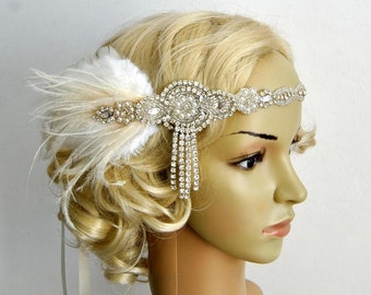 El gran Gatsby 20's Marfil pedrería perlas flapper diadema 1920's flapper Tocado fascinador, Diadema nupcial, Diadema de cinta de cristal