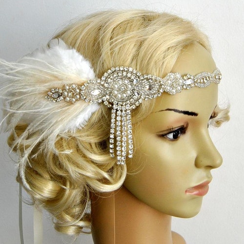 Silver Gold Ivory Pearl Headpiece Bead Vintage Headband 1920s Bridal Flapper 938 