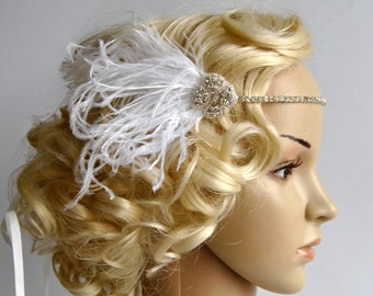 Crystal Rhinestone Headband Headpiece, 1920s flapper gatsby Headband, Wedding Headband, rhinestone feather Headband