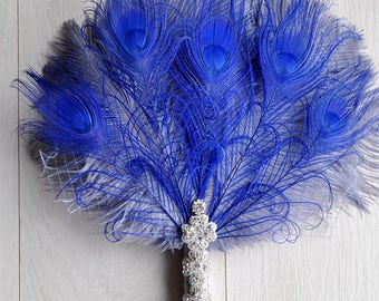 Silver Grey Blue Bridal alternative Ostrich Feather Fan Bridal Bouquet Ivory Great Gatsby 1920s Bridesmaid Fan Bouquet wedding feathers