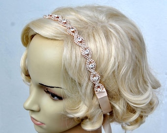 Rose Gold Rhinestone Headband Great Gatsby Crystal Headband Wedding Rose Gold Bridal tie on ribbon Headband Headpiece 1920s Flapper headband