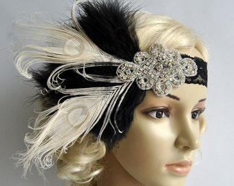 Flapper Lace Rhinestone Feather Headband, 1920's,Feather, Lace flapper costume, black, silver, Great Gatsby Headpiece Headband