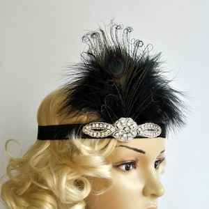 Black Flapper Feather Headband,The Great Gatsby headpiece, 1920s Flapper rhinestone Headband, Vintage Inspired,Feather, Art Deco headband