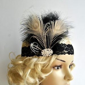 Flapper Lace Rhinestone Feather Headband, The Great Gatsby Headband, 1920&#39;s, Feather Lace flapper costume, black silver gatsby headband