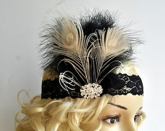 Flapper Lace Rhinestone Feather Headband, The Great Gatsby Headband, 1920's, Feather Lace flapper costume, black silver gatsby headband