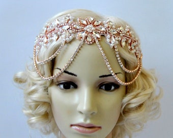 Rose Gold Strass flapper Gatsby Headband Wedding Hair Piece Chain 1920s Crystal Headpiece Headpiece Copricapo a catena, copricapo fascinator