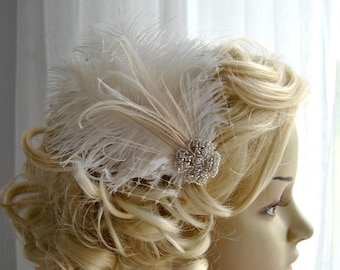 Ivory Rhinestone head piece fascinator Bridal White hairpiece headbpiece, Feather Fascinator, 1920s Headpiece ivory wedding fascinator gift