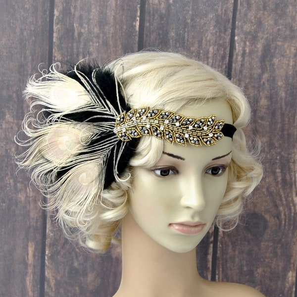 Great Gatsby headpiece Black Ivory Flapper Feather Headband 1920s rhinestone Headband, Feather bridesmaid headband headdress fascinator gift