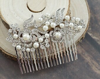 ELLIE Silver Crystal Pearls Bridal Art Deco Hair Comb Great Gatsby, Vintage Hairpiece Bridal Hair Accessories Crystal Headpiece